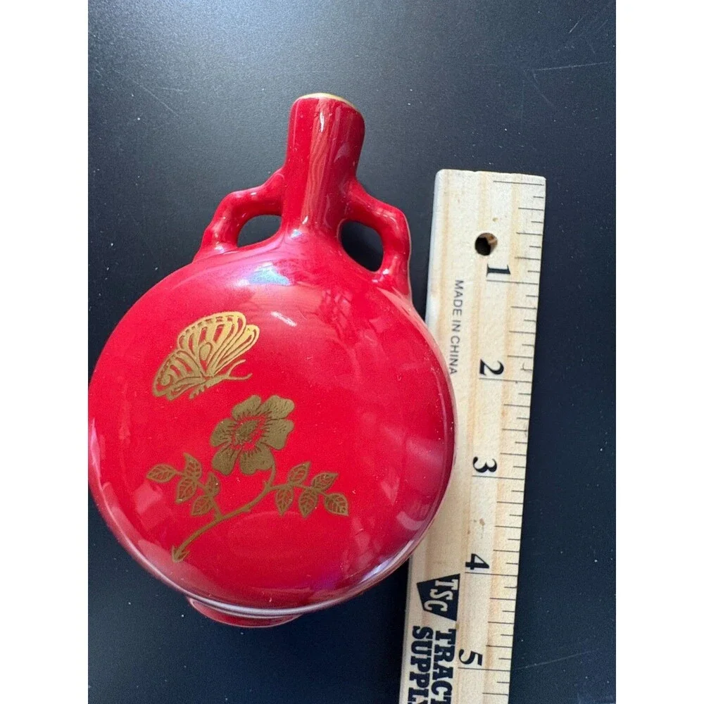 Franklin Porcelain Bud Vase Red Floral Flower Design 1983- 4” Circular Butterfly